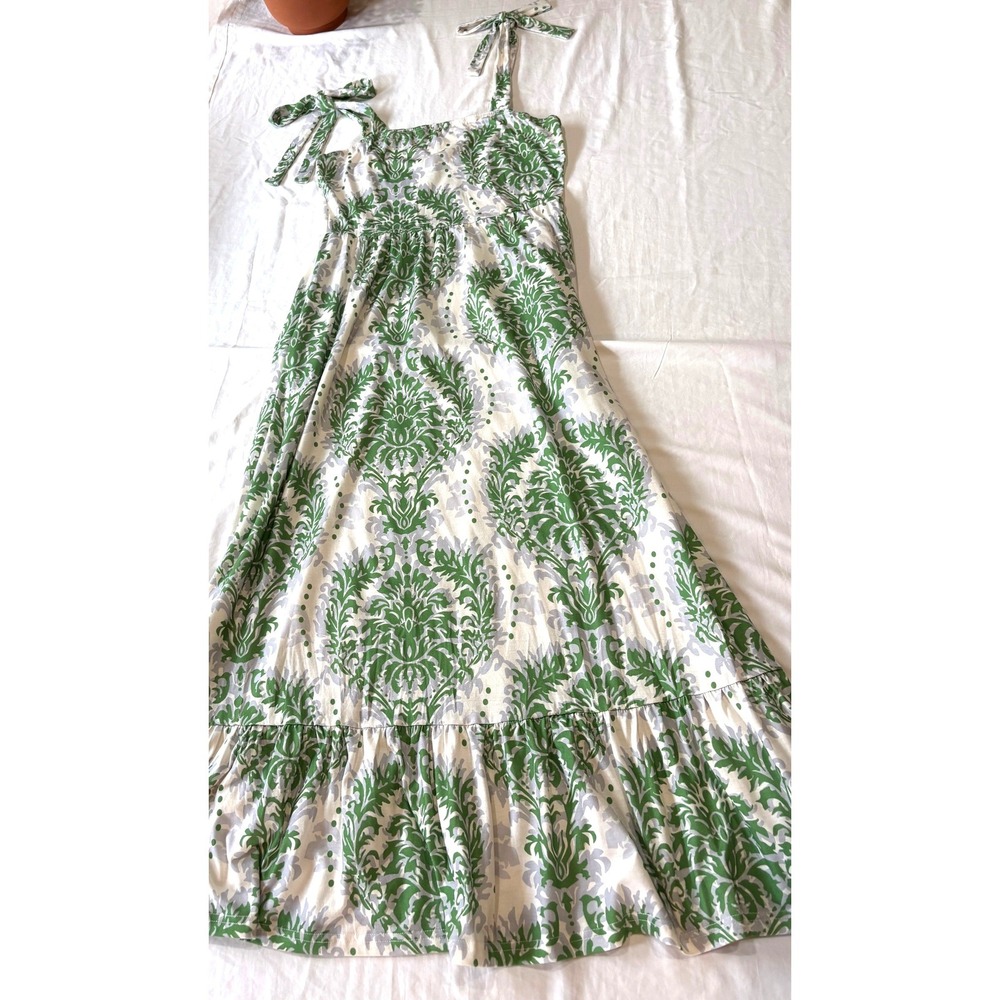 Bohemian Green Damask Print Tie Shoulder Ruffle Hem Maxi Dress Womens Medium
